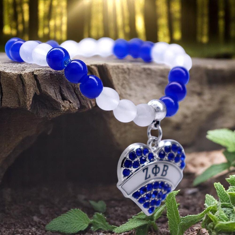 Zeta Phi Beta Bracelet Clear Clue & White Beaded with Zeta Heart‎ Charm